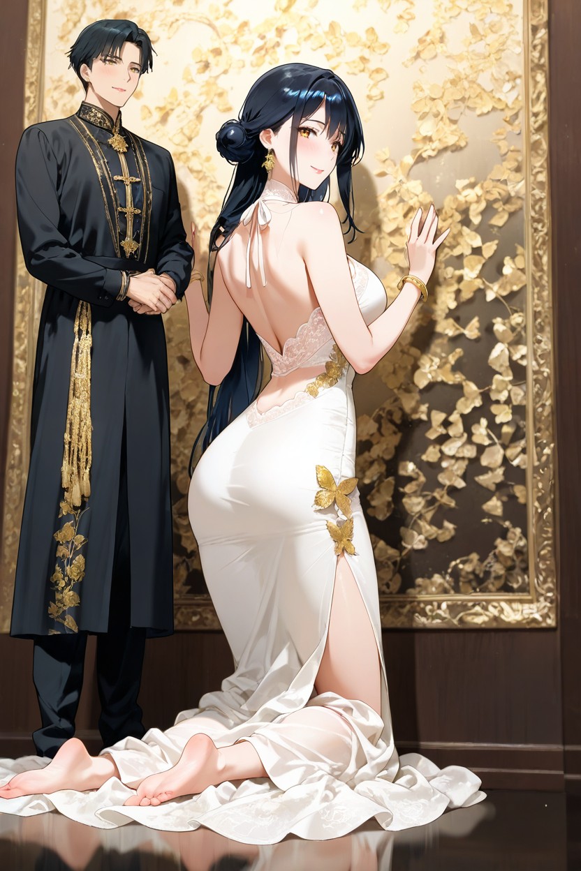 Golden Amber Eyes, Gold Butterfly Ornaments On The Straps, Gold Drop Earrings Hentai AI Porn