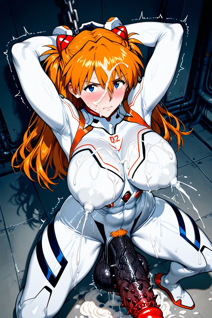 Wearing White Plugsuit Costume, Black Testicles, Oversized Hyper Gigantic Testicles Hang The Floor Hentai AI Porn