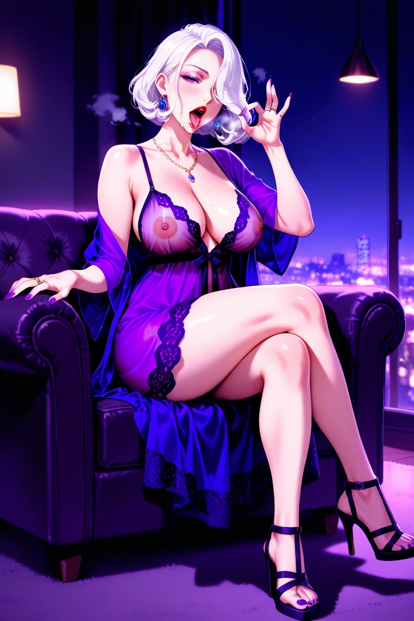 One Side Off Shoulder, Noir, Hand Close To Mouth Hentai AI Porn