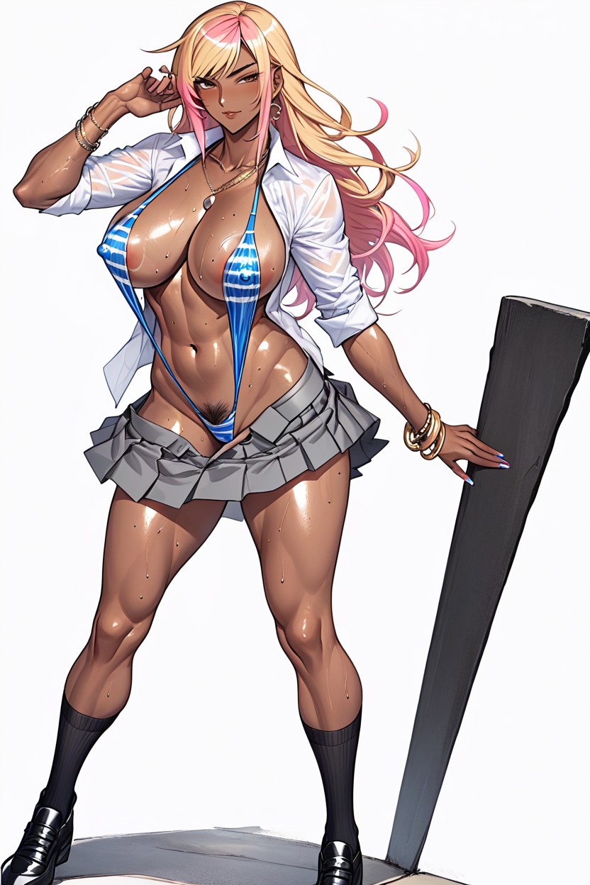 Perky Nipple, Blonde Hair With Pink Highlights, Full Body Hentai AI Porn