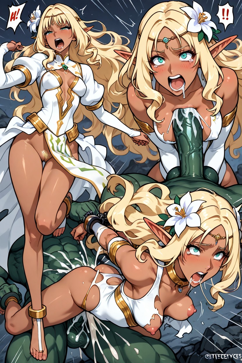 Rolled Eyes, Turquoise Eyes, Fucked By Three Giant Green Orcs Twice Her Height Hentai AI Porn