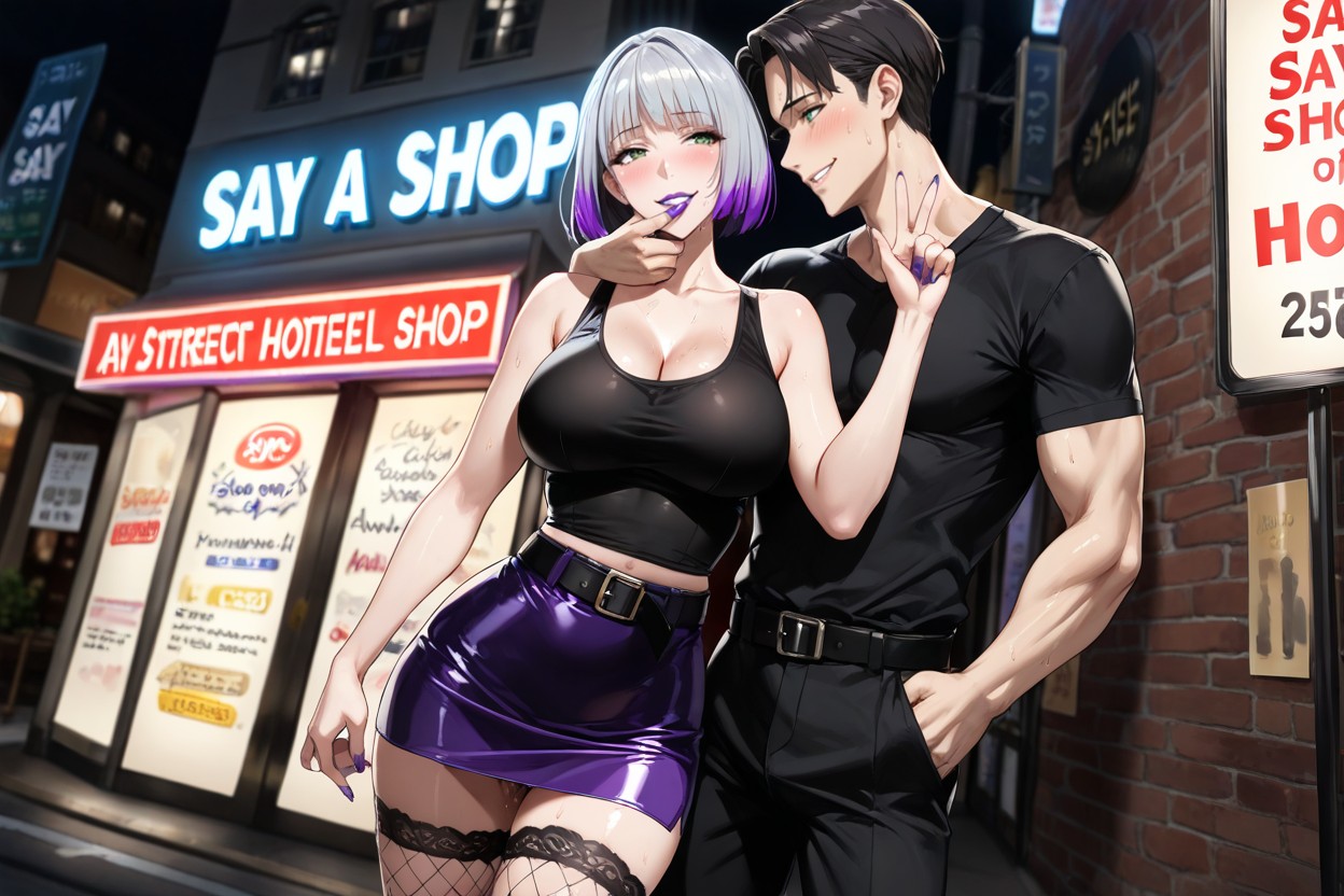 Signs Say Sex Shop, 18+, Silver Hair With Purple Tips Hentai AI Porn