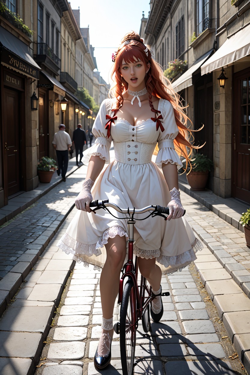 White Lace Choker With Red Ribbon, Looking At Surroundings, Cobblestone Road Hentai AI Porn