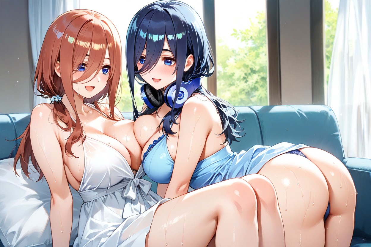 Wearing Summer Dresses, Nakano Miku Have Huge Breasts, Two Female Hentai AI Porn