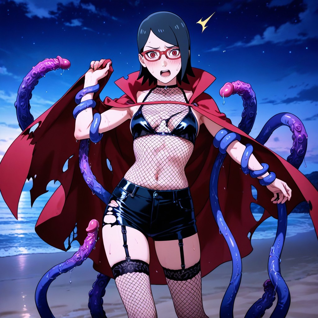 Sarada Walking Alone On The Beach, Red Thick Glasses, Small Breasts Hentai AI Porn