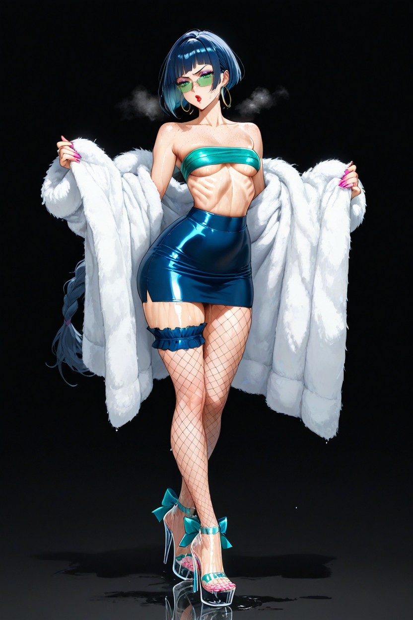 White Fur Coat, Dark Blue Hair, Perky Breasts Hentai AI Porn