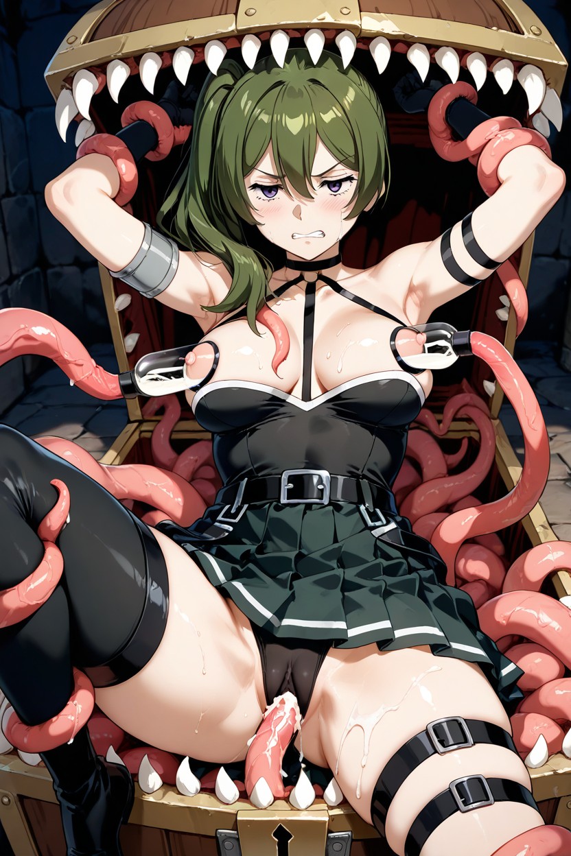 Exposed Pussy, Dark Green Side Ponytail, Tentacles Grabbing Arms Hentai AI Porn