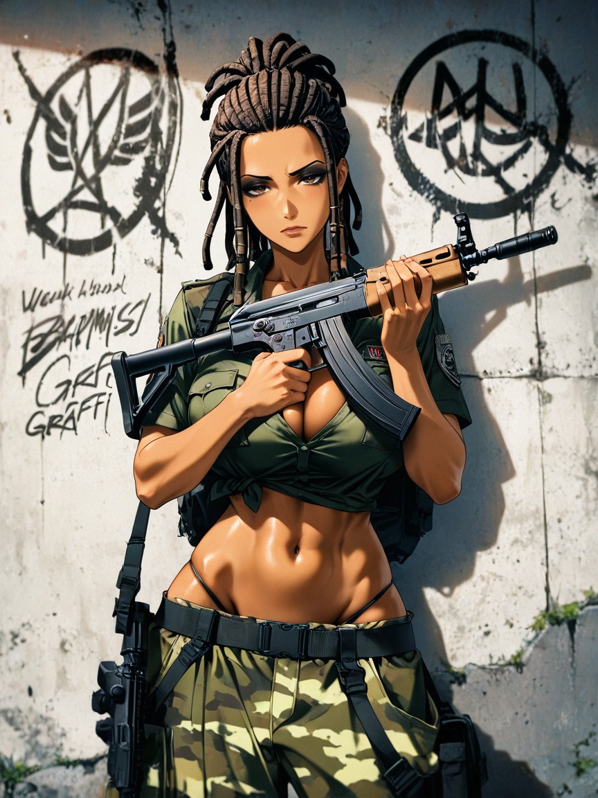 18+, Slutty Military Green Camo Uniform, Skinny Hentai AI Porn