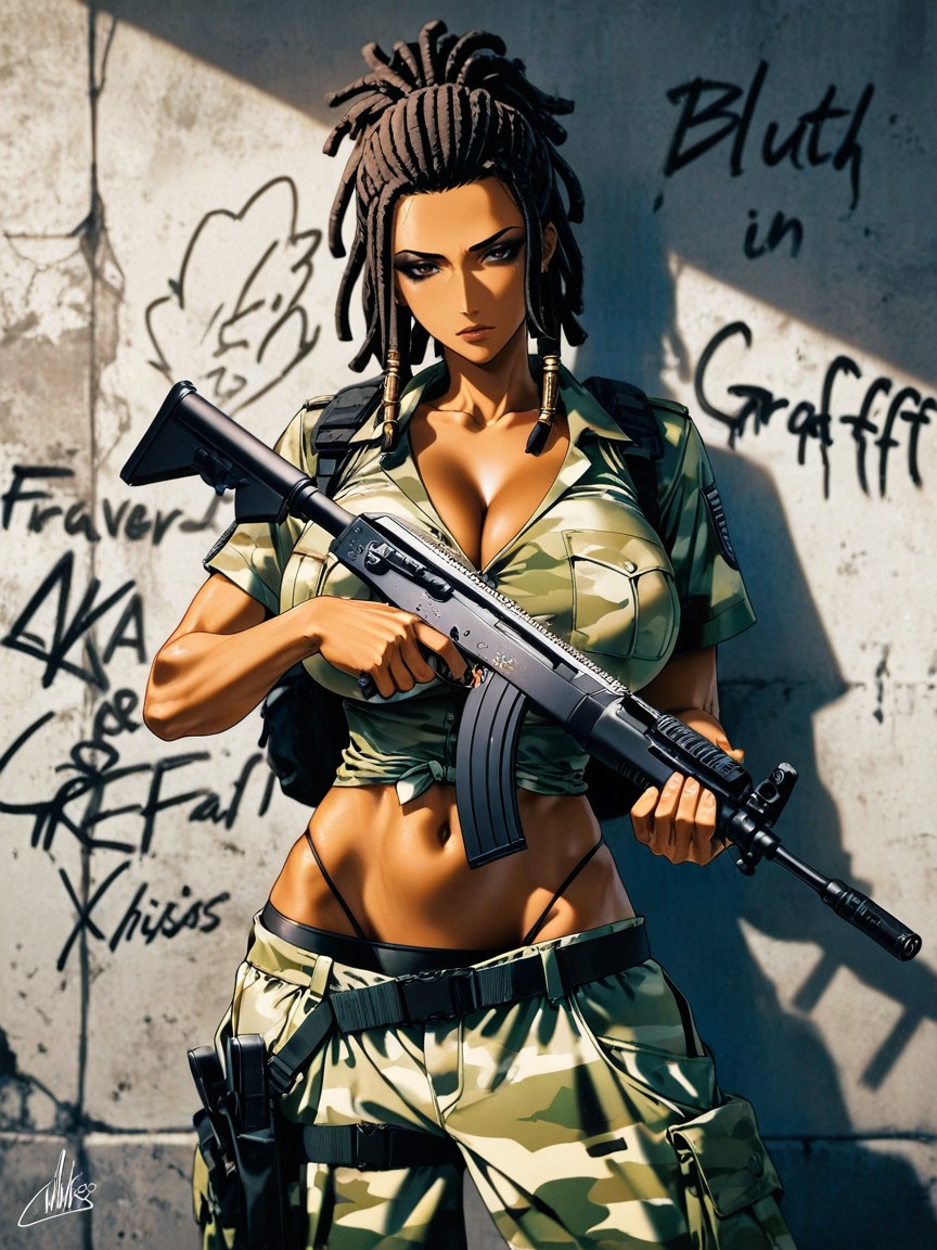 Skinny, Thick Raven Black Dreadlocks, Ruined Concrete Wall Hentai AI Porn