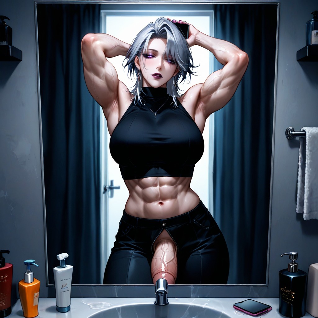 Side-swept Bangs, Mirror, Handsome Mature Lady Hentai IA