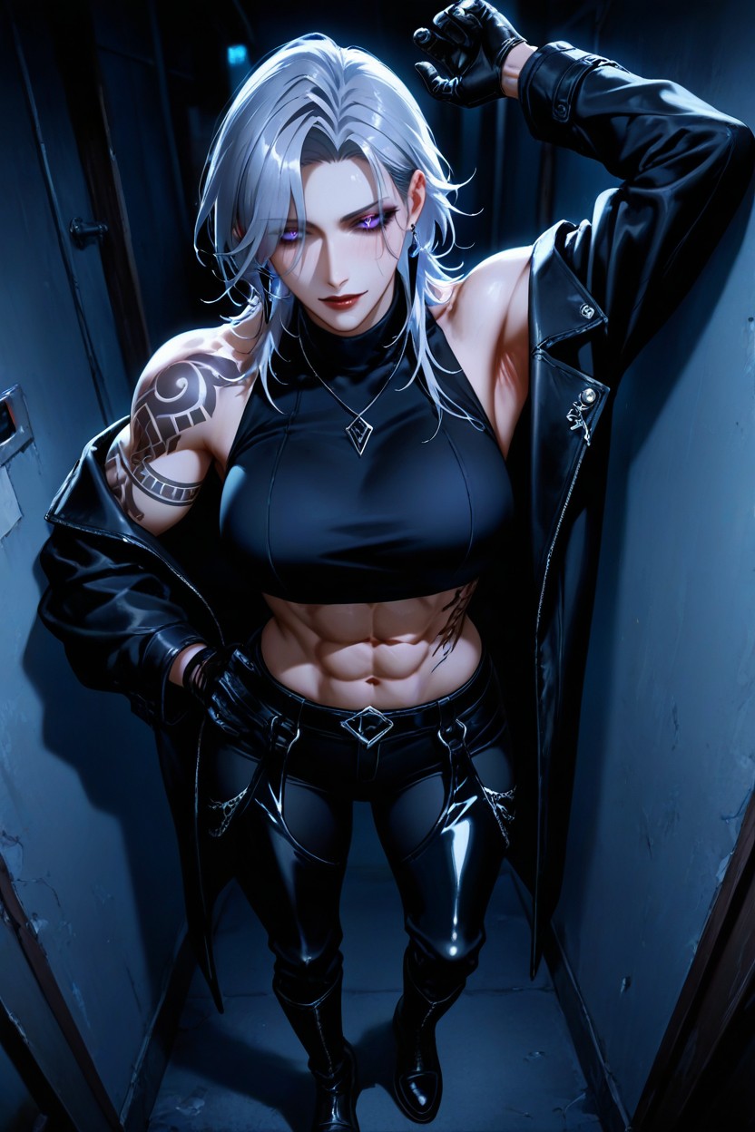 Side-parted Hair With One Side Slicked Back, Scornful Eyes, Trapviewer Against The Wall With An Arm Hentai AI Porn