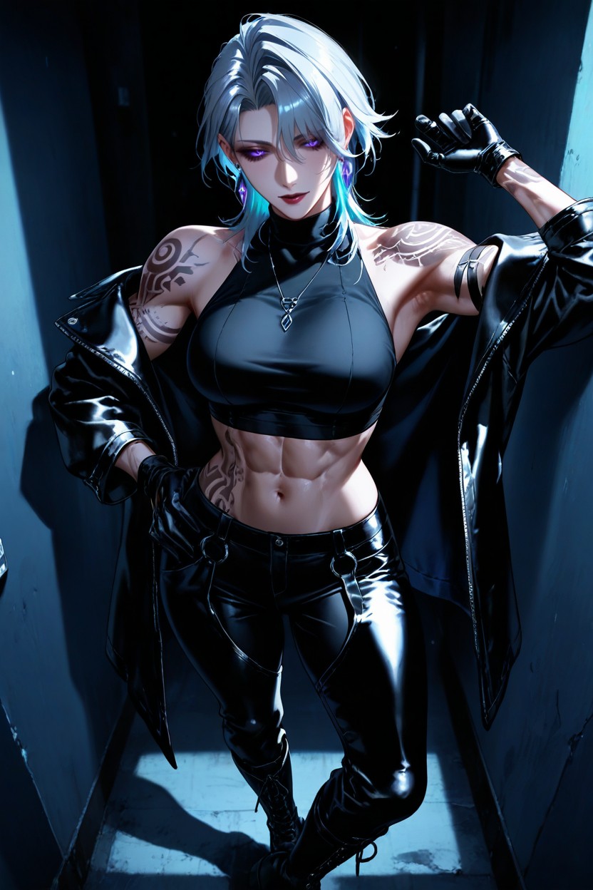 Looking At Viewer, Oversize Black Leather Biker Mid-length Jacket Off The Shoulder, Looking Down At The Viewer Hentai AI Porn