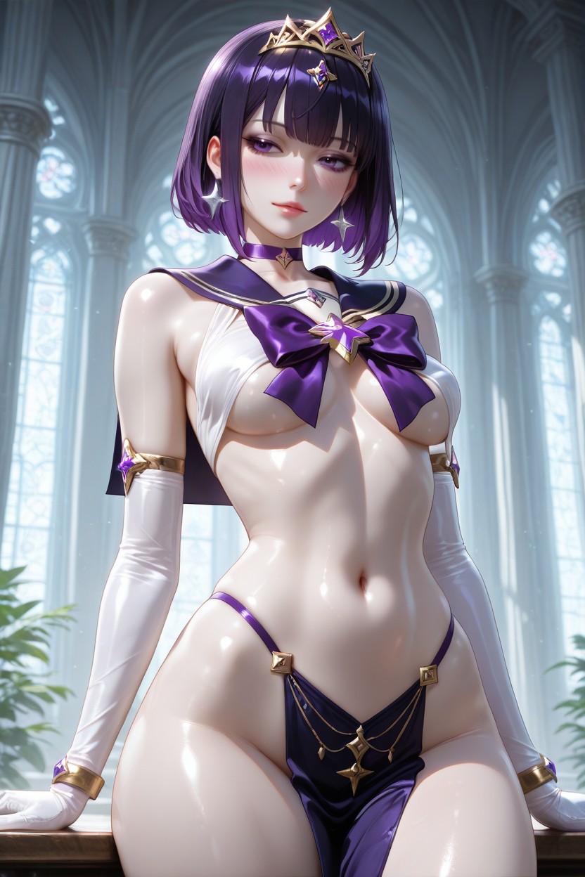 Minimal Cosmic Guardian Outfit, Dark Violet-black Bob Haircut With Glossy Highlights, Indoors Hentai AI Porn
