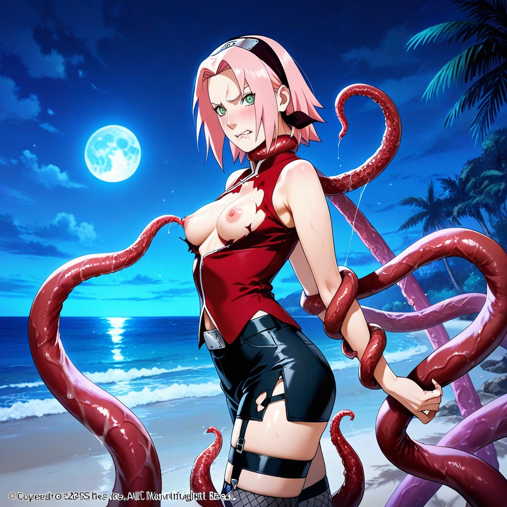 Tentacles Squeeze Her Breasts, Ripped Clothes , Side View Hentai AI Porn