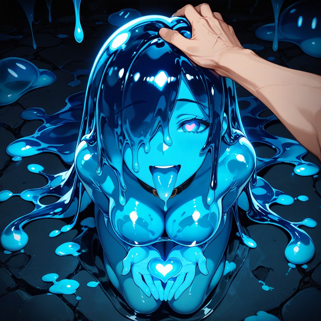 Glowing Eyes, Crushing Breasts Together With Arms, Blue Slime Tentacle Pit Hentai AI Porn