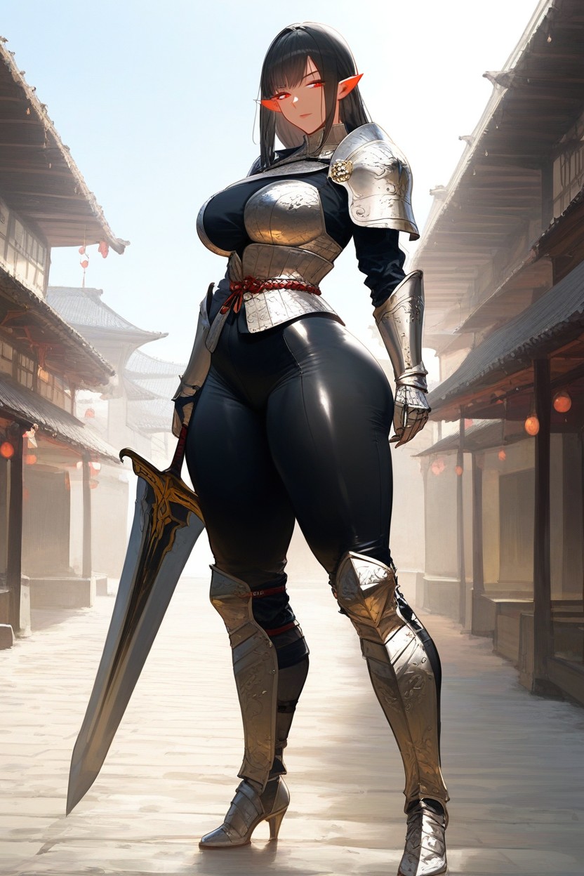 Standing, Form-fitting Brown Leather Bodysuit That Hugs Her Curves While Allowing Agile Movement Over The Bodysuit, Elegant Hentai AI Porn