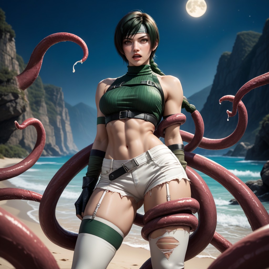 Tentacles Squeeze Her Breasts, Tentacles Choke Her Throat, Yuffie Walking Alone On The Beach Hentai AI Porn