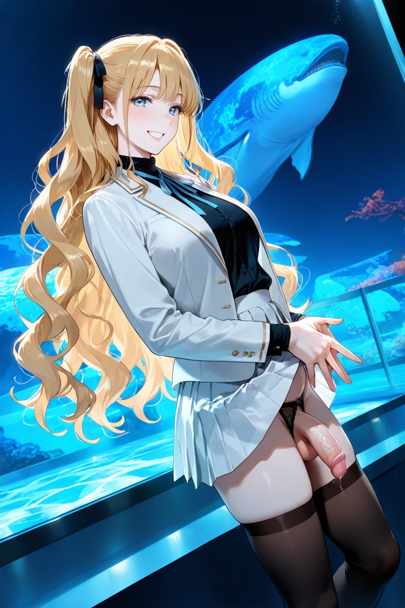 Detailed, White Pleated Skirt With Brown Line Edge, Medium Breasts Hentai AI Porn
