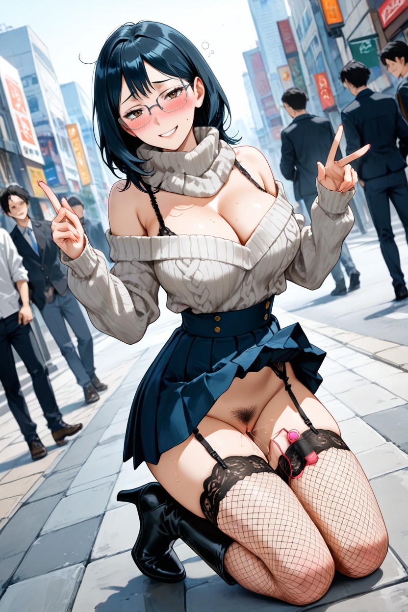 Looking At Viewer, Gray Neck Warmer, Gray Off-the-shoulder Boa Sweater Hentai AI Porn