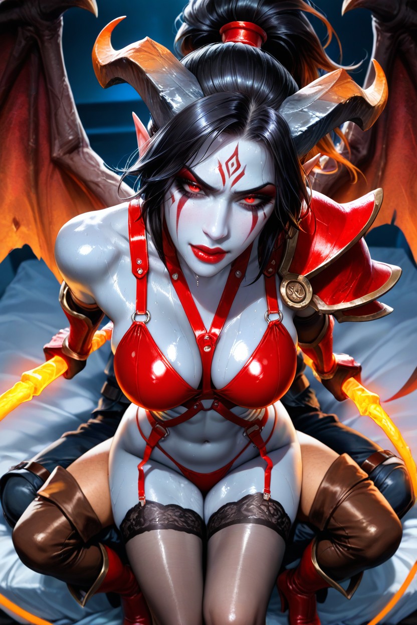 Red Lipstick, Dark Gray Demon Wings, Dark Brown Elbow Length Gloves Hentai AI Porn