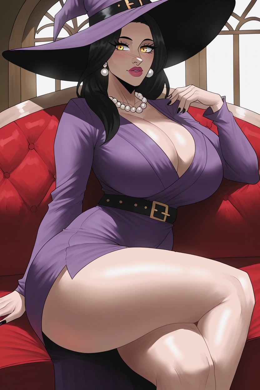 Soft Pinkish-white Lipstick, Long Purple Dress, Slightly Open Neckline Hentai AI Porn