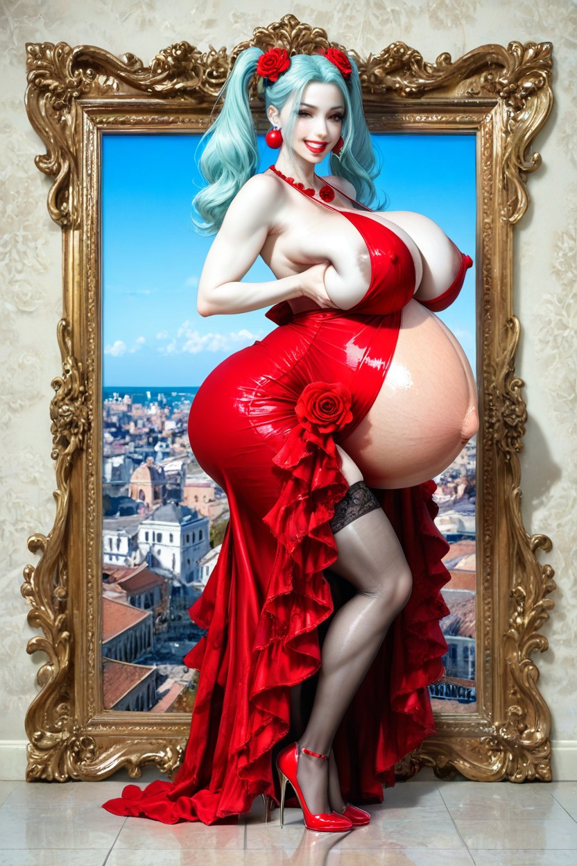 Spanish Town, Gigantic Wide Round Belly, Holding Breasts Hentai AI Porn