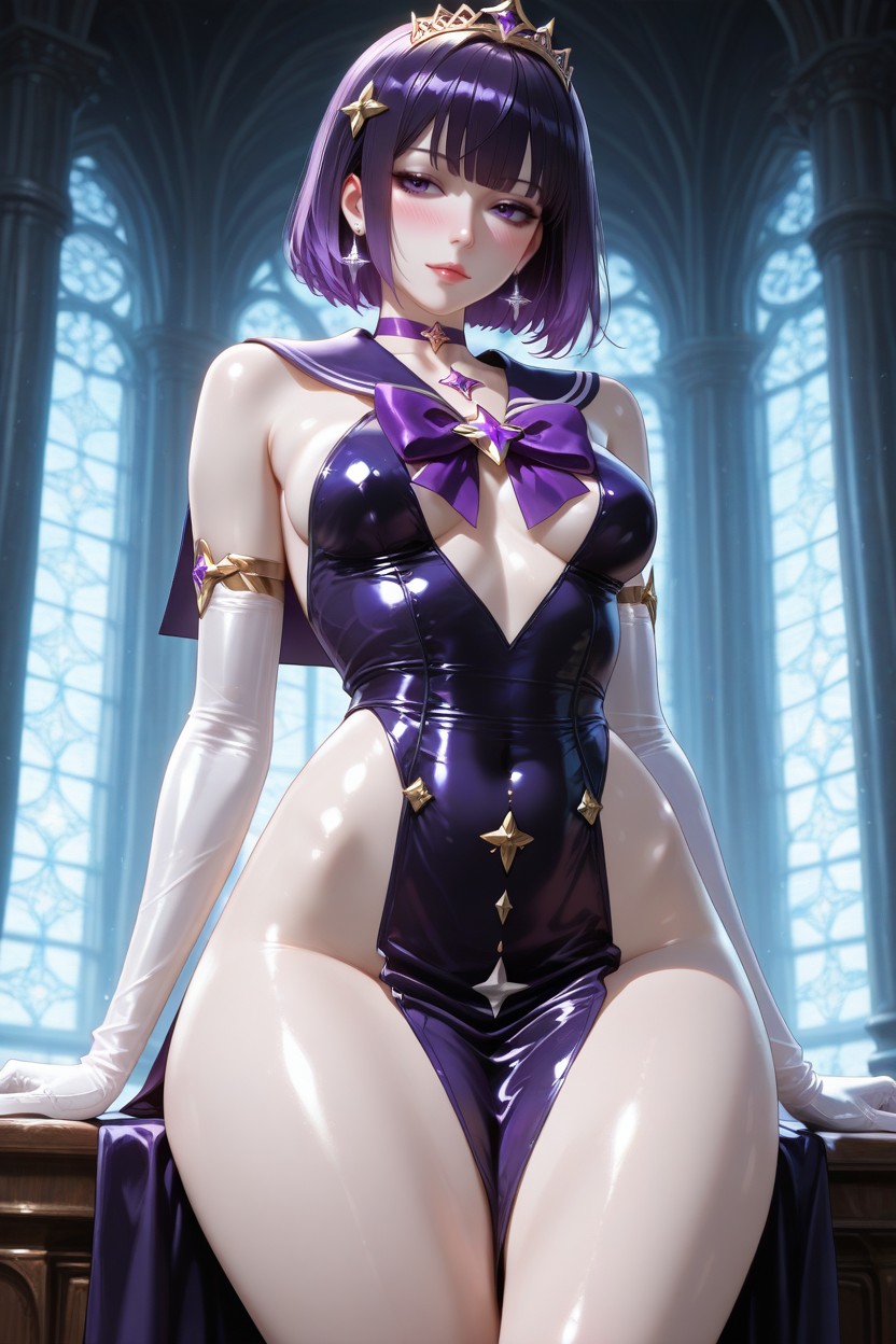 Glossy Skin, Long White Opera Gloves With Metallic Violet Bands At The Wrists, Anime Style Hentai AI Porn