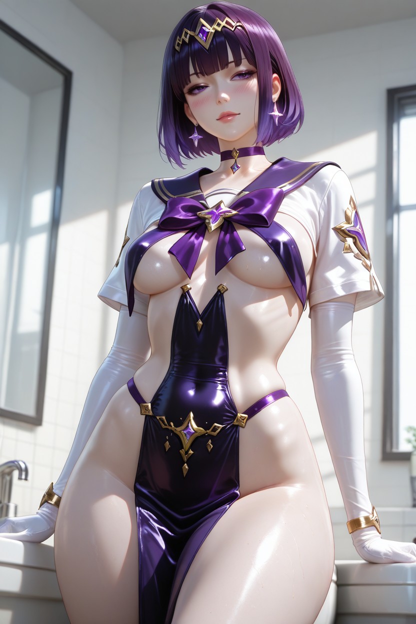 Long White Opera Gloves With Metallic Violet Bands At The Wrists, Delicate Face, Ultra Detailed Shading Hentai AI Porn