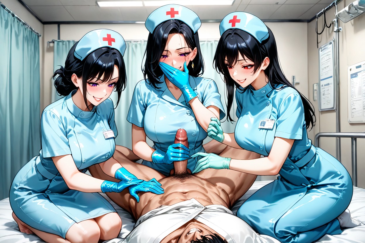 Hands Around His Cock, Nurse Outfits, Evil Grin Looking At Him Hentai AI Porn