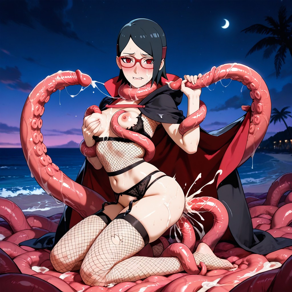 Kneeling, Tentacles Under The Beach Following Her, Sarada Fishnet Body Top With Akatsuki Cloak And Bikershorts With Garter Belt Hentai AI Porn