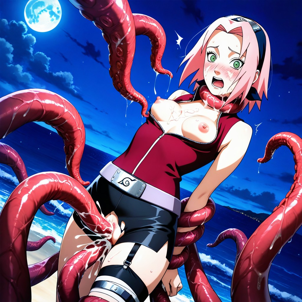 Black Shortpants, Tentacles, Sakura Haruno In Naruto Hentai AI Porn