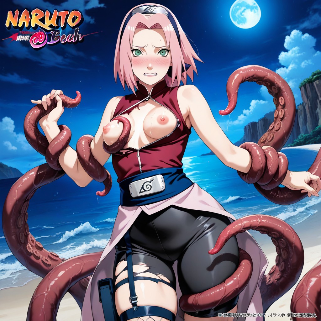 Hourglass Body Figure, Tentacles Squeeze Her Breasts, Looking At Viewer Hentai AI Porn