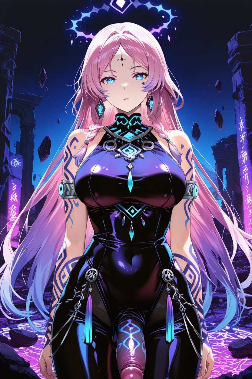 Professional Illustration, Glowing Blue Runic Patterns On Torso, Vibrant Color Palette Hentai AI Porn