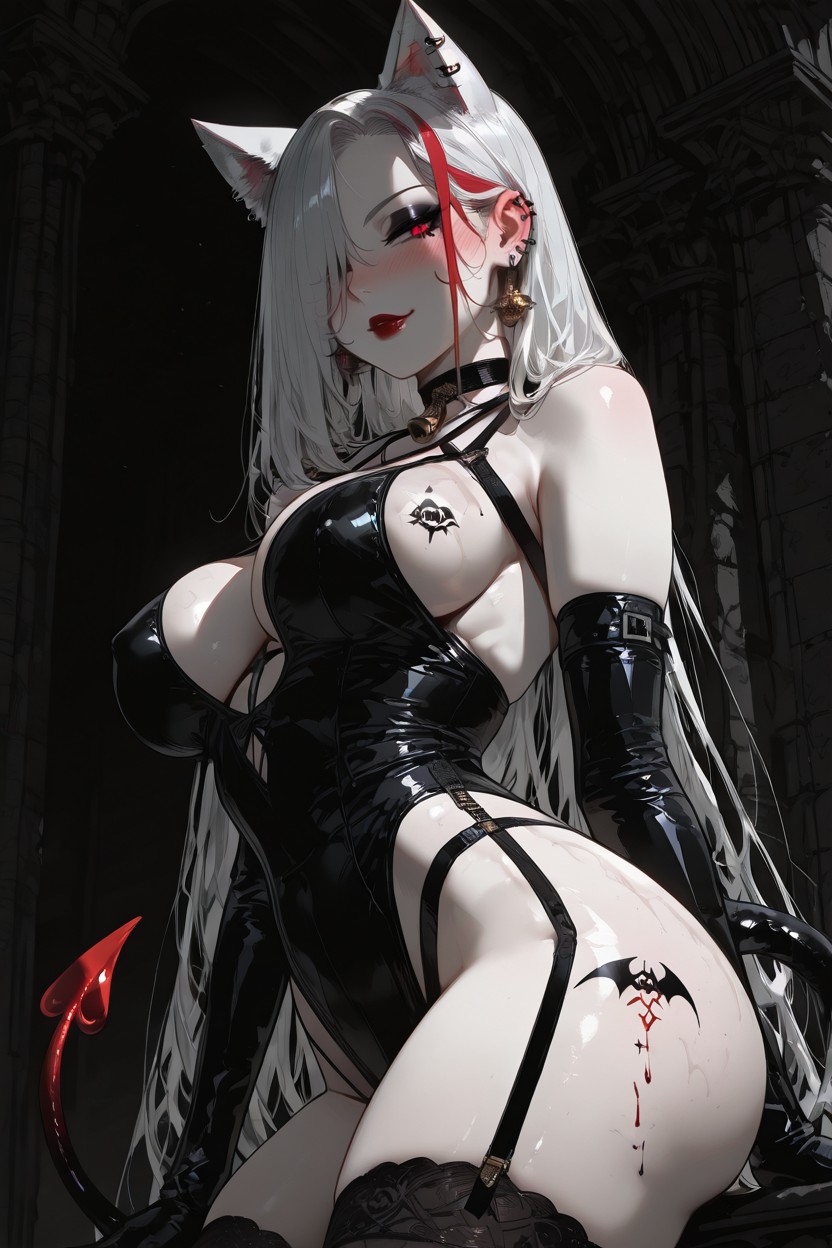 Thick Black Leather Choker With Shiny Golden Bell, Soft Lighting, Nipple Piercings Subtly Visible Through The Fabric Hentai AI Porn