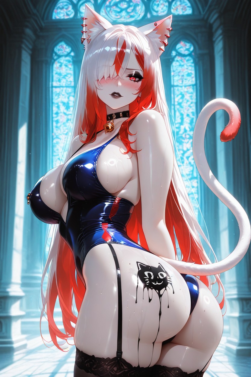 Detailed Skin Texture, Thick Black Leather Choker With Shiny Golden Bell, Teasing Pose Looking Over Shoulder Hentai AI Porn