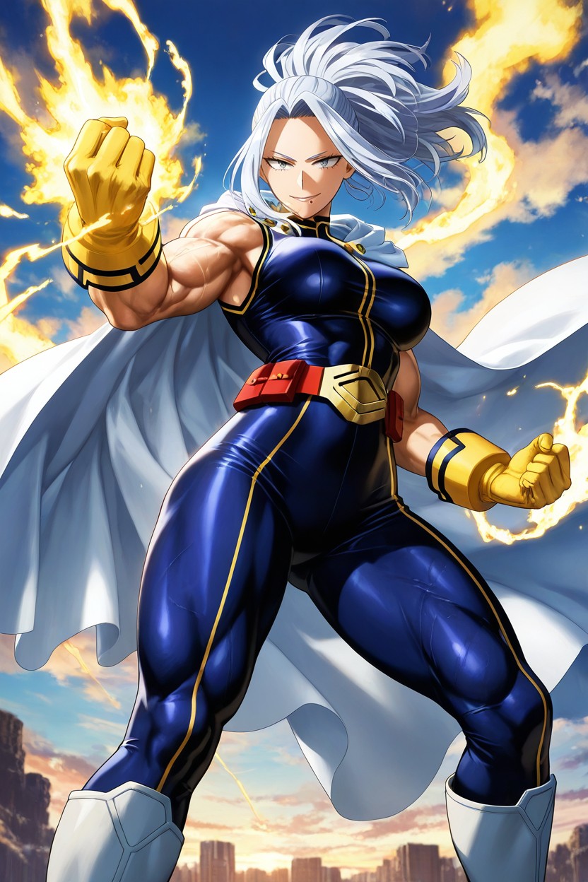 Calm Confident Expression, Muscular Female Superhero, Wind-blown Hair And Cape Hentai AI Porn