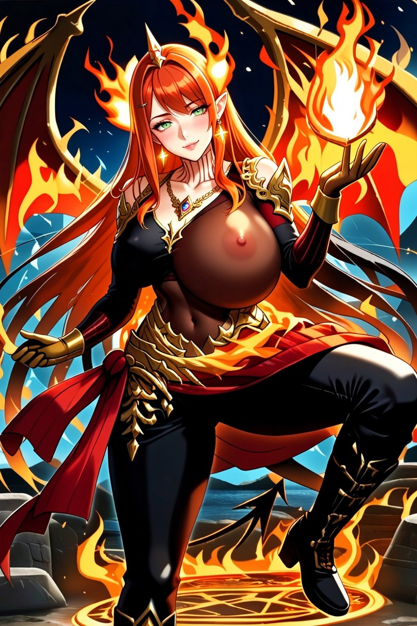 Black Boots, Fiery Hair Highlights, Red Ribbed Turtleneck Hentai AI Porn