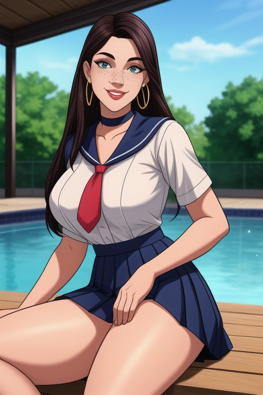 Ultra-detailed Skin Texture, Navy Blue Pleated Skirt, Summery Atmosphere High Detail Hentai AI Porn