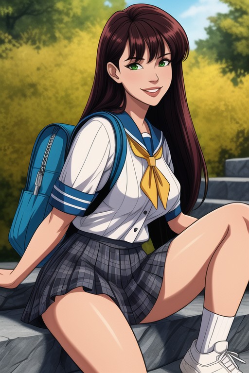 Sharp Focus, Cinematic Composition, A Japanese Woman With Long Dark Hair And Bangs Hentai AI Porn