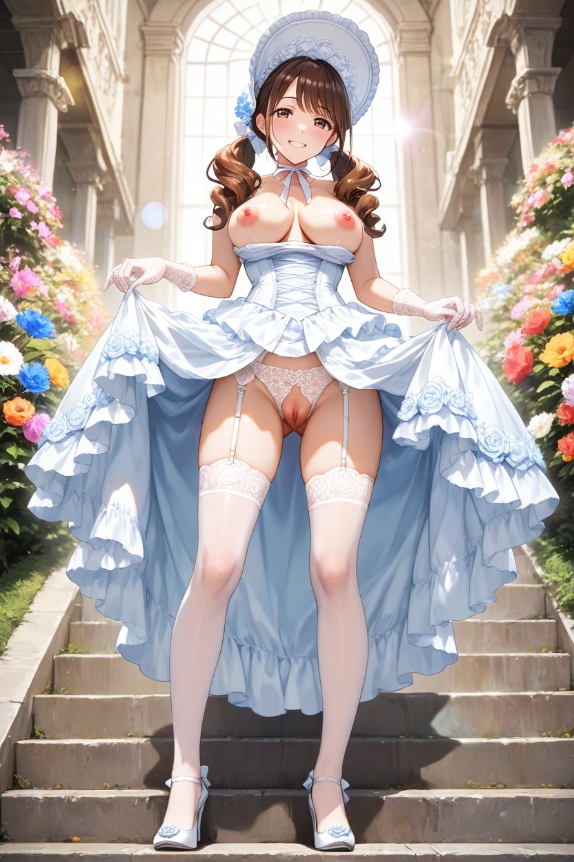 Long Permed Brown Hair, Hands Lifting Skirt, Hazel Eyes Hentai AI Porn