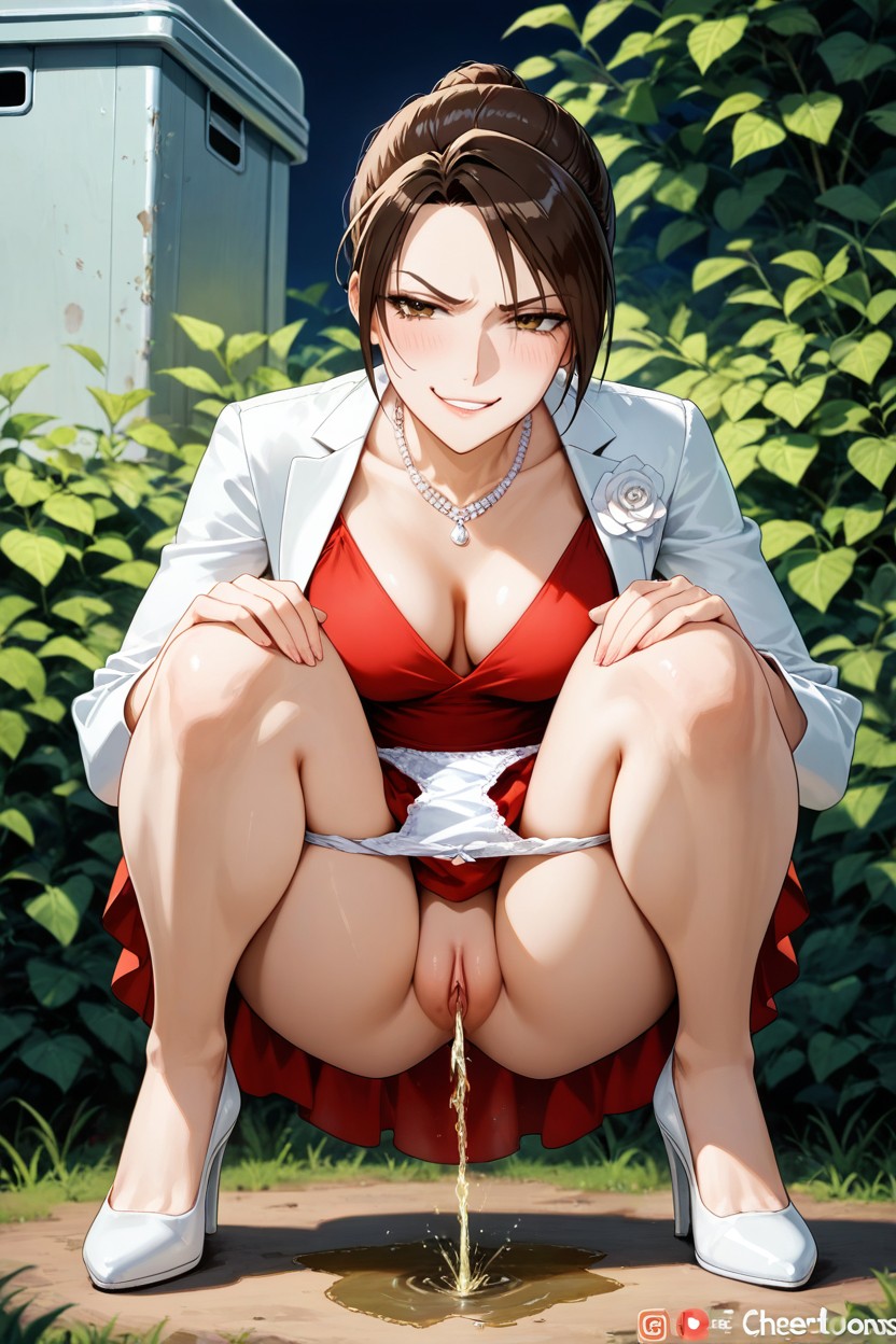 Smirk, Wearing A Knee-length Pleated Red Dress, Angle View Hentai AI Porn