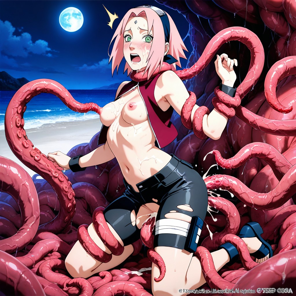 Tentacles Torn Her Clothes Off Exposed Her Bare Breasts, Garter Belt, Hourglass Body Figure Hentai AI Porn