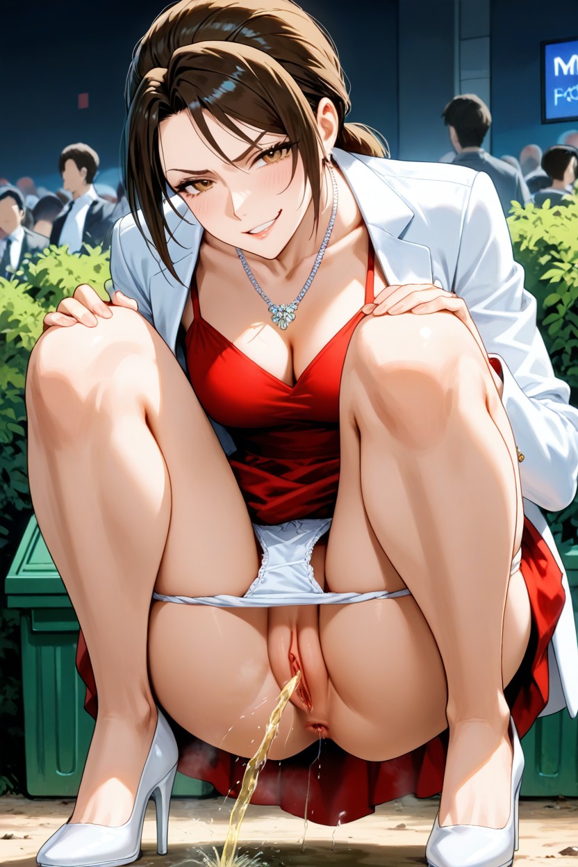 Wearing A Knee-length Pleated Red Dress, Clay Ground, Squat Near Bushes Hentai AI Porn