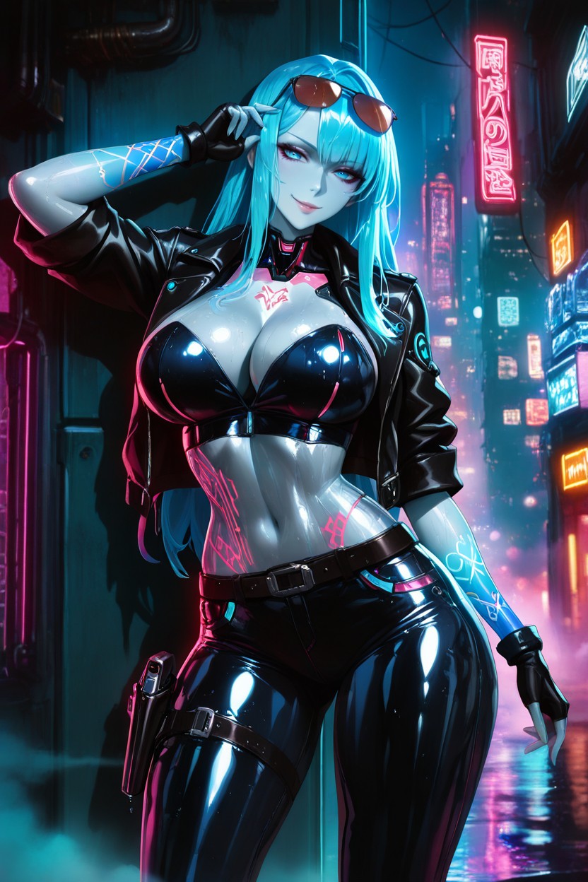 Neon Lights, Glowing Blue Accents, Girl Hentai IA
