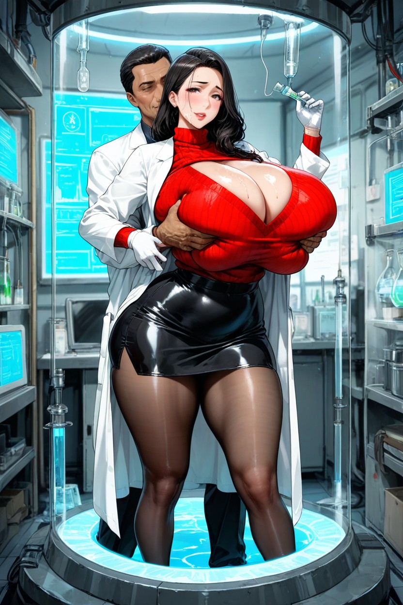 Ass Bigger Than Torso, Beautiful Face, Woman Wearing Open Top Red Sweater Hentai AI Porn