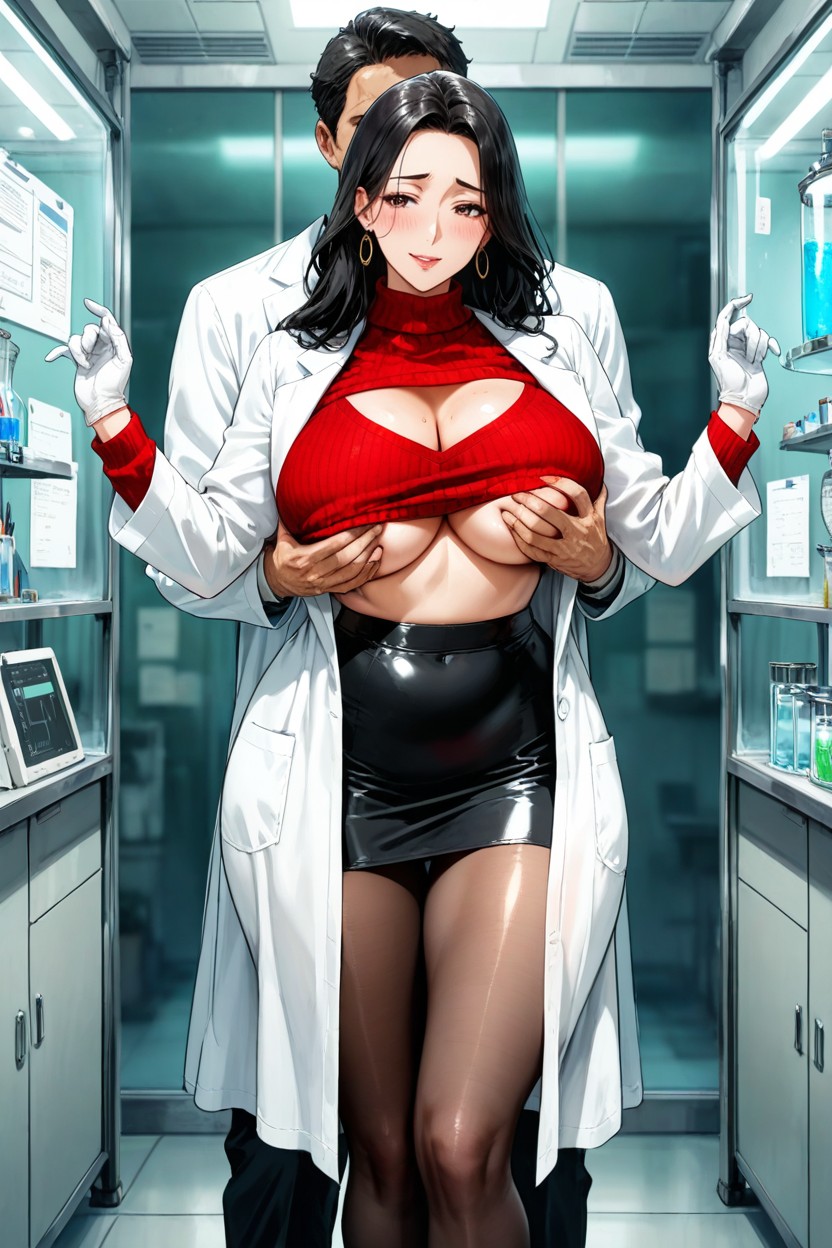 Black Lace Pantyhose, Hard Shadow, Woman Wearing Open Top Red Sweater Hentai AI Porn