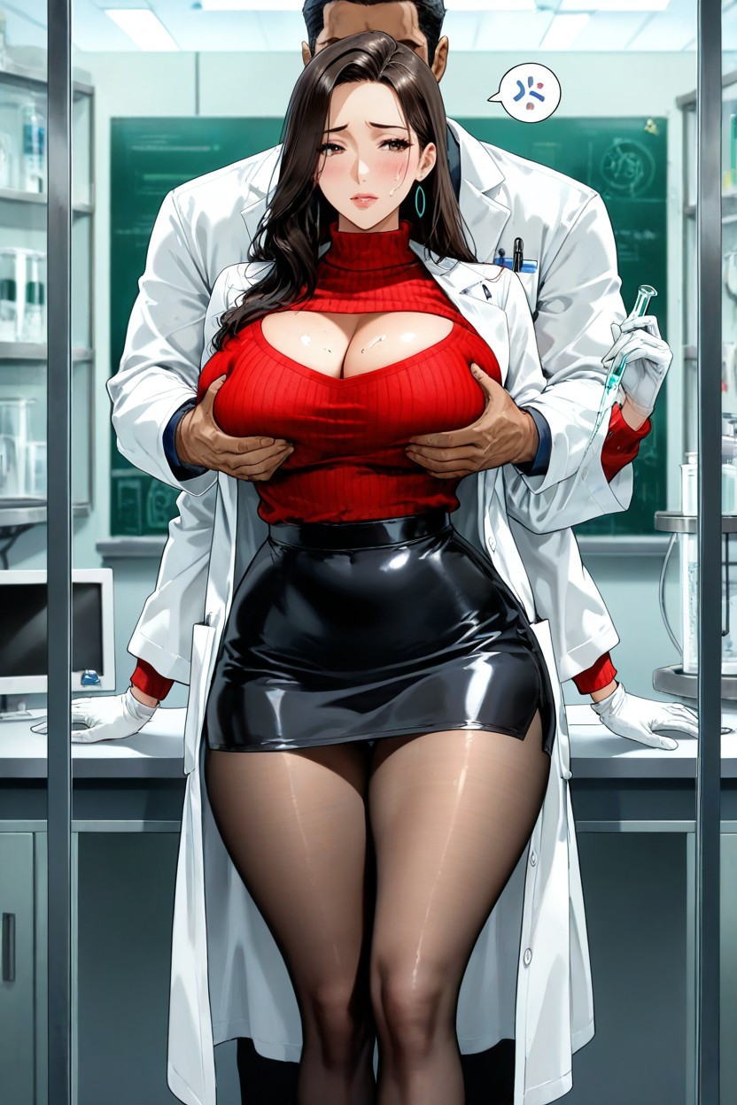 Sexy Pose, Woman Flustered Whilst Man Injects In Her Breasts Cleavage, Hard Shadow Hentai AI Porn