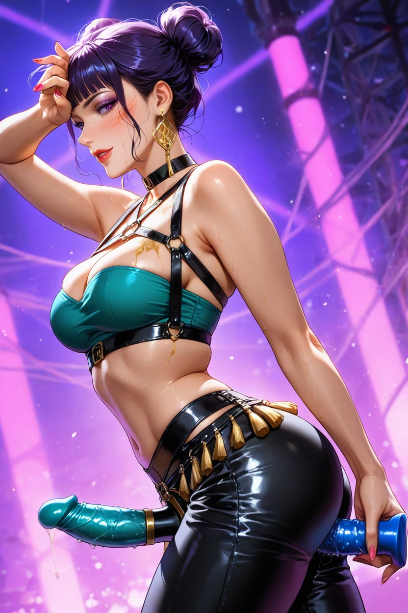 Dark Purple Hair, Golden Earrings, Anime Woman Hentai AI Porn