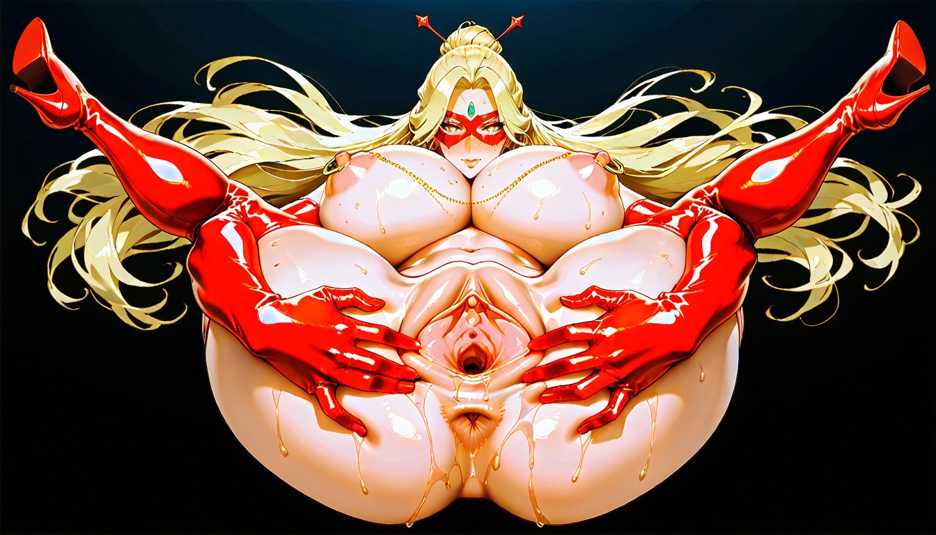 Wind In Hair, Spread Pussy Wide, Red Long Latex Gloves Hentai AI Porn