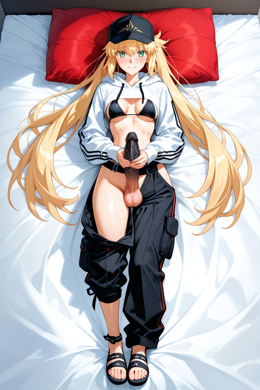Laying On Bed, Penis Bigger Than Body, Asymmetrical Split-leg Cargo Pants Covering One Leg Hentai AI Porn